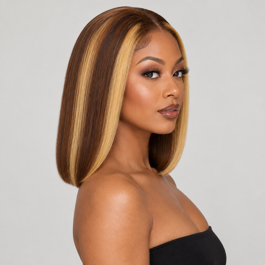 Illustrative styled look of an adult model wearing a brown and honey-blonde 4/27 bob wig