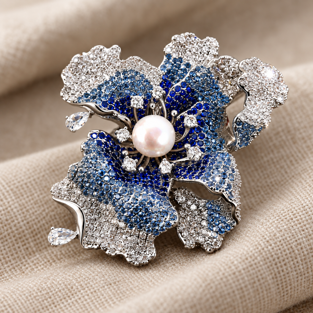 Close-up of blue iris brooch with freshwater pearl
