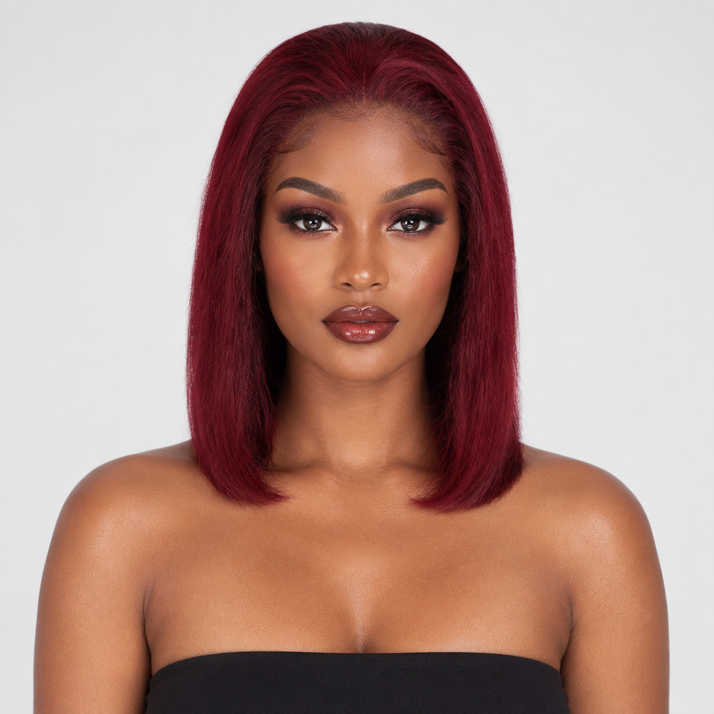 Illustrative styled look of an adult model wearing a 99J burgundy bob wig
