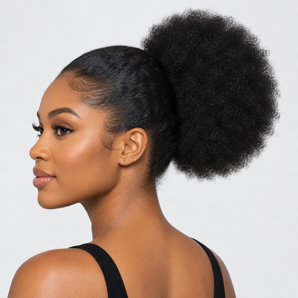 Illustrative styling image of an adult model wearing a 1B black fluffy afro puff drawstring bun