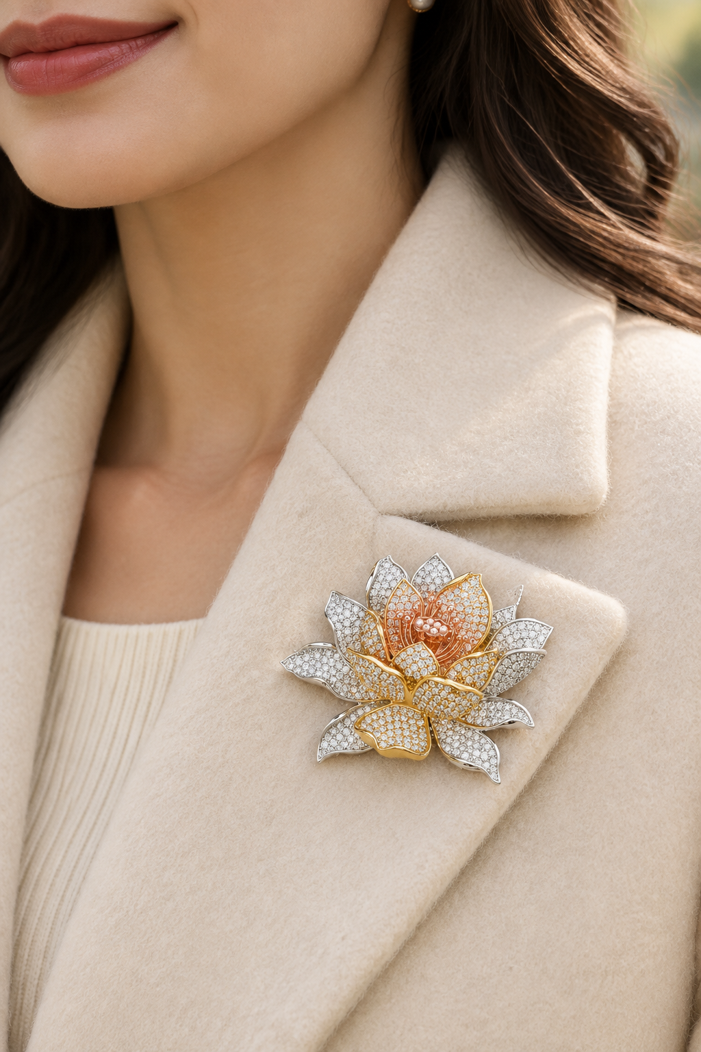 Tri-tone lotus brooch pinned on a cream coat lapel