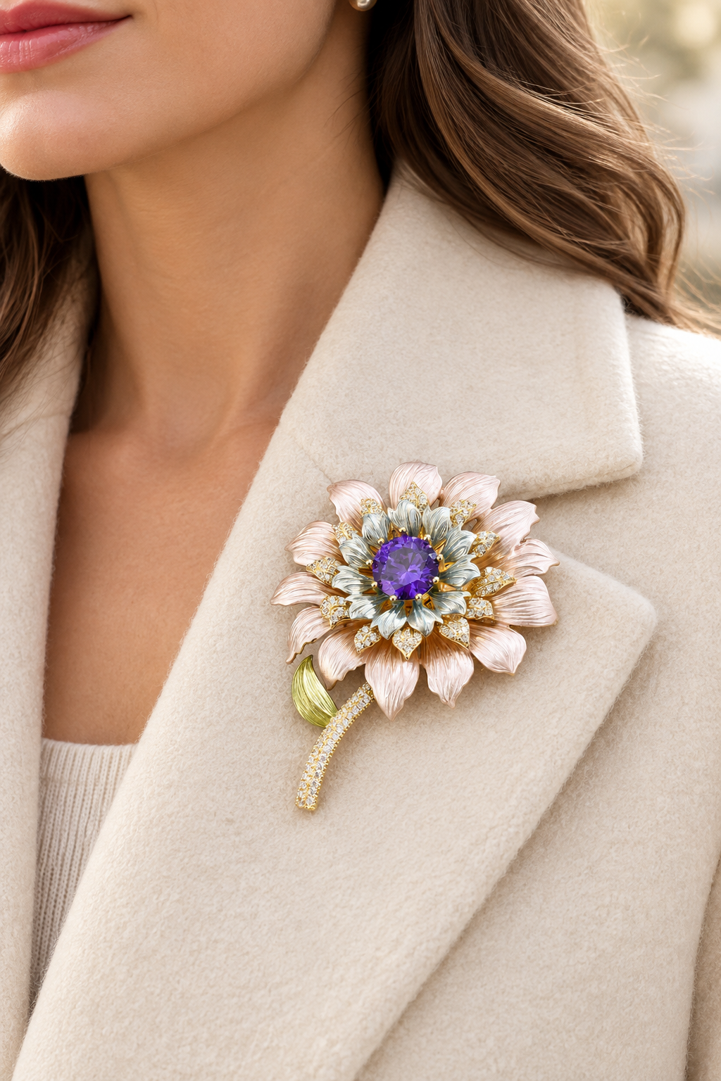 Pastel enamel flower brooch pinned on a cream coat lapel