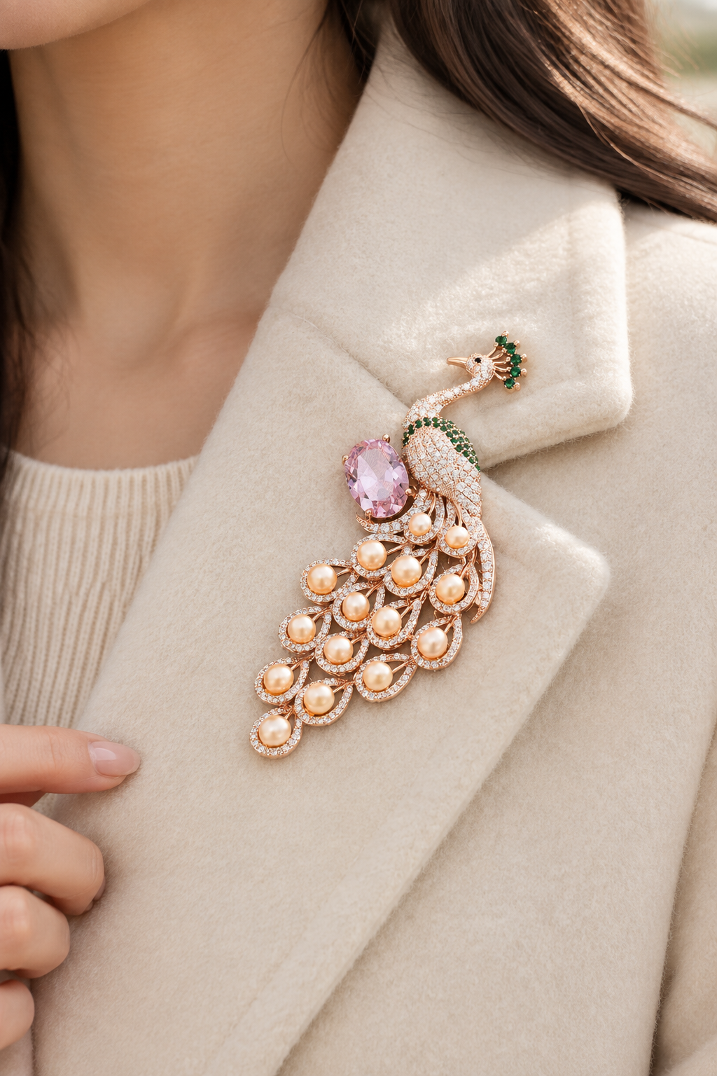 Rose-gold-tone peacock brooch pinned on a cream coat lapel