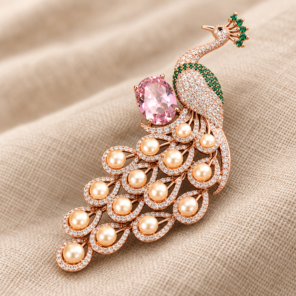 Close-up of rose-gold-tone peacock brooch with freshwater pearls