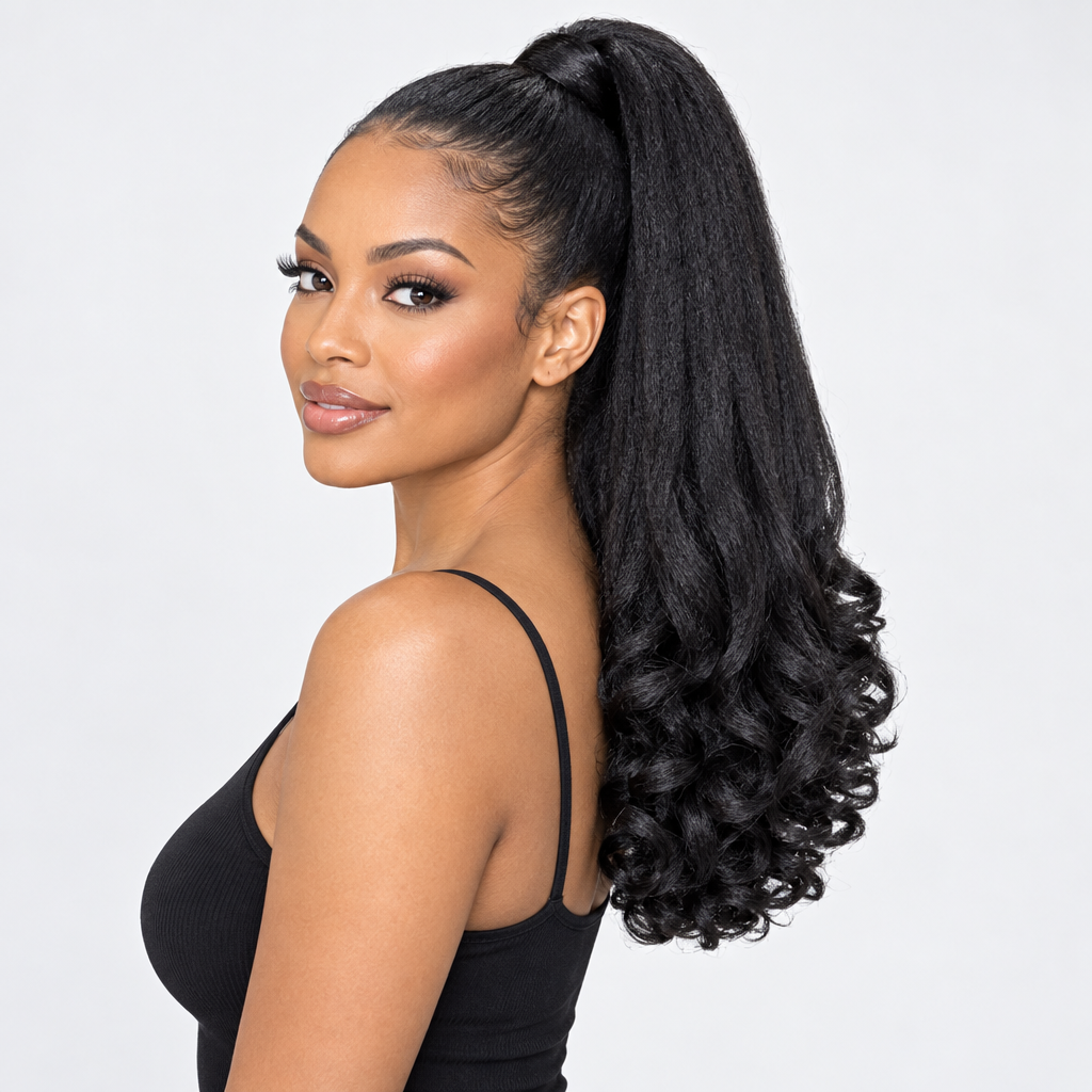 Illustrative styled look of an adult model wearing a black yaki drawstring ponytail with curled ends