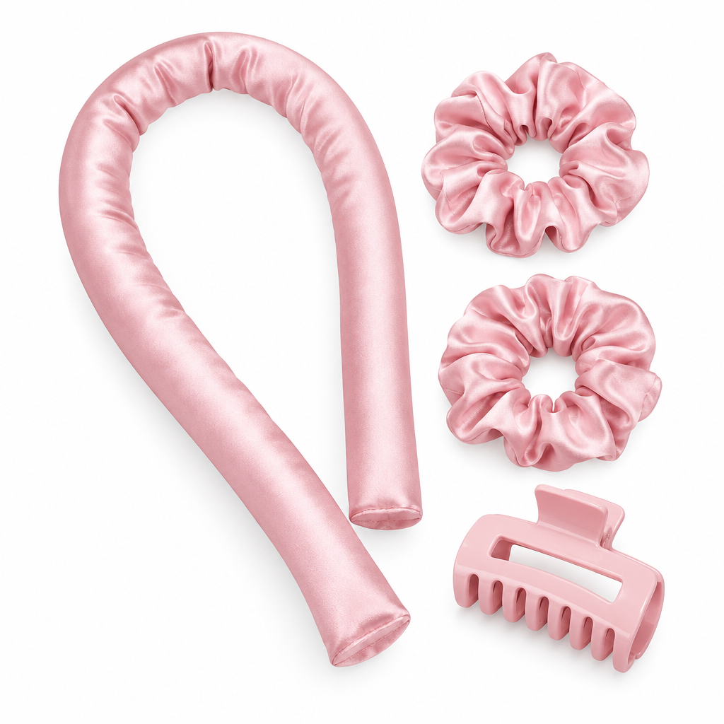 Pink heatless curling set on pure white background
