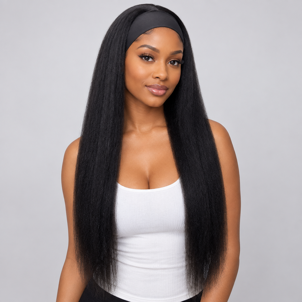 Illustrative styled look of an adult model wearing a natural black yaki straight headband wig