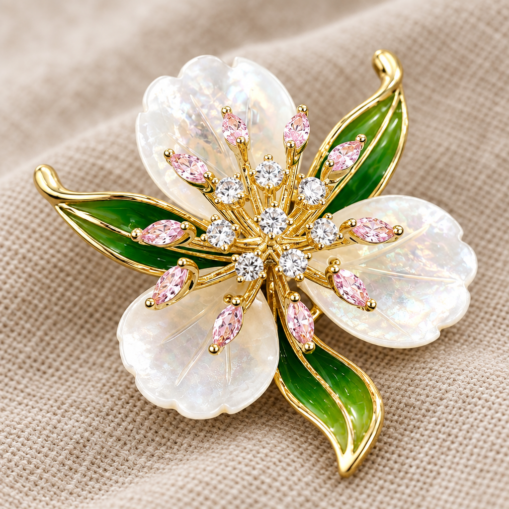 Close-up of pearlescent flower brooch with green leaves