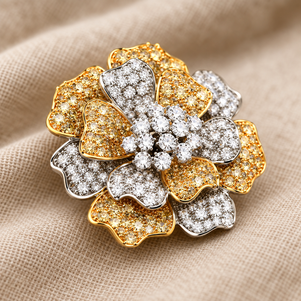 Close-up of gold and silver-tone peony brooch