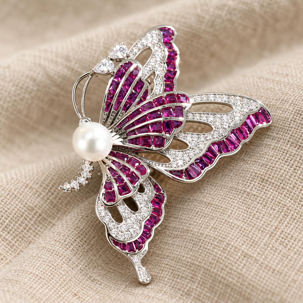 Close-up of purple butterfly brooch with freshwater pearl