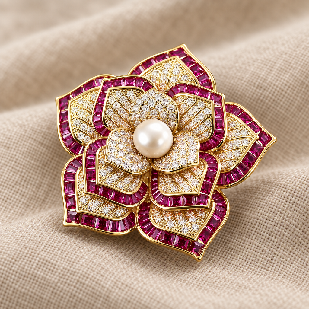 Close-up of fuchsia camellia brooch with freshwater pearl