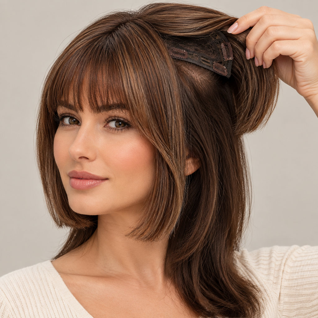 AI styling illustration showing the light brown highlighted clip-in bob hair topper with bangs lifted to reveal its partial coverage; not a full wig
