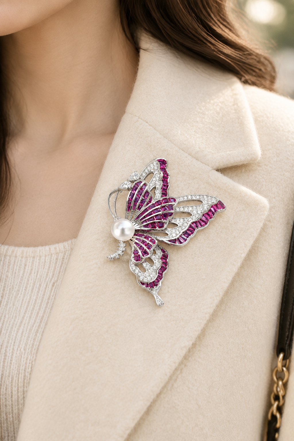 Purple butterfly brooch pinned on a cream coat lapel