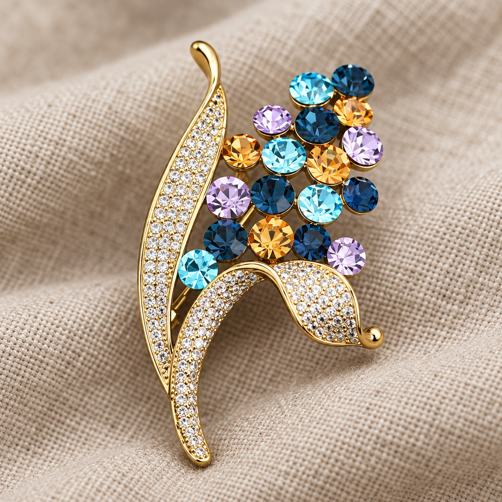 Close-up of multicolor gold-tone floral bouquet brooch