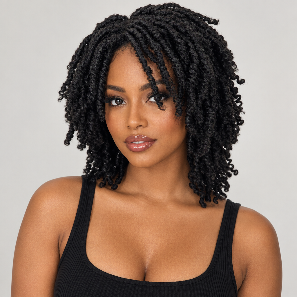Illustrative styled look of an adult model wearing a short black faux locs wig