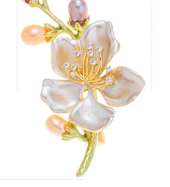 Freshwater Pearl Flower Brooch Pin – Enamel Floral Brooch in 5 Colors, Gold-Plated