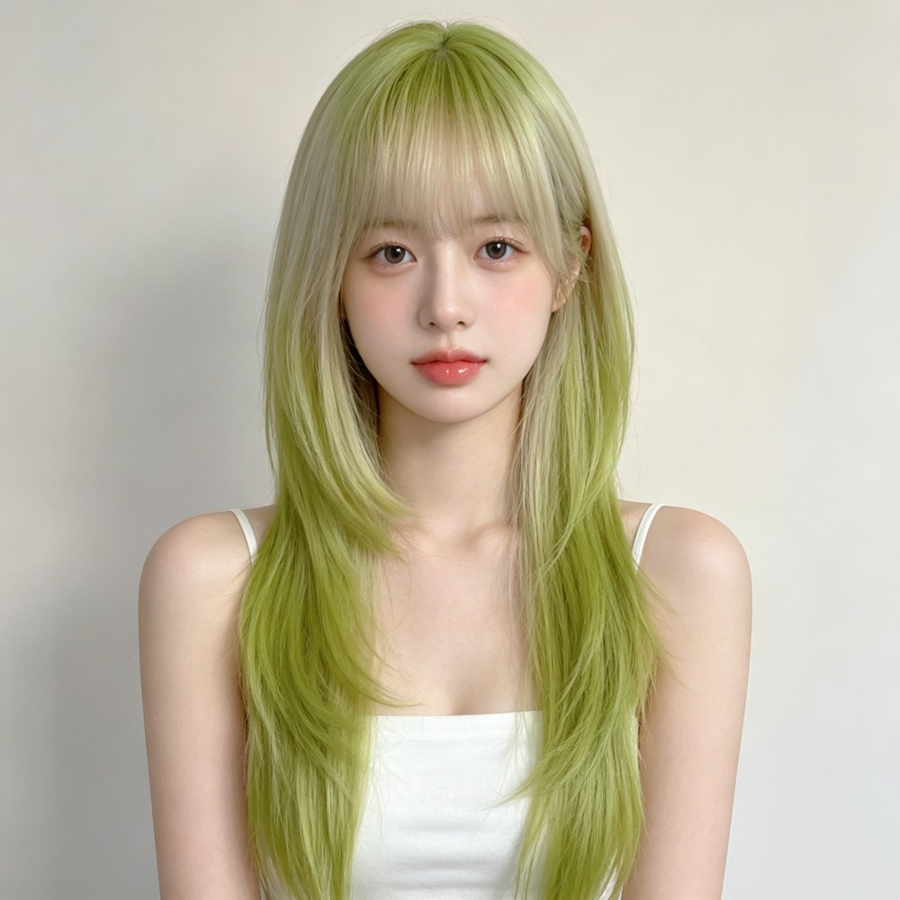 Supplier-provided front styling illustration of a lime green and blonde layered wig with wispy bangs; not a verified actual wearer photo