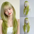 Lime green and pale blonde layered synthetic wig with bangs: two headstand product views beside a supplier styling illustration