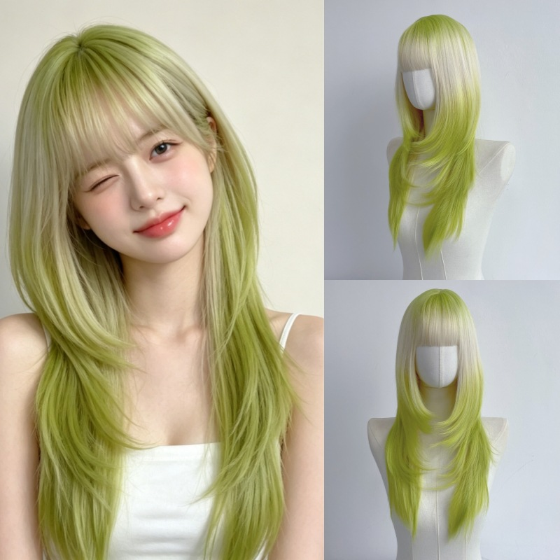 Lime green and pale blonde layered synthetic wig with bangs: two headstand product views beside a supplier styling illustration