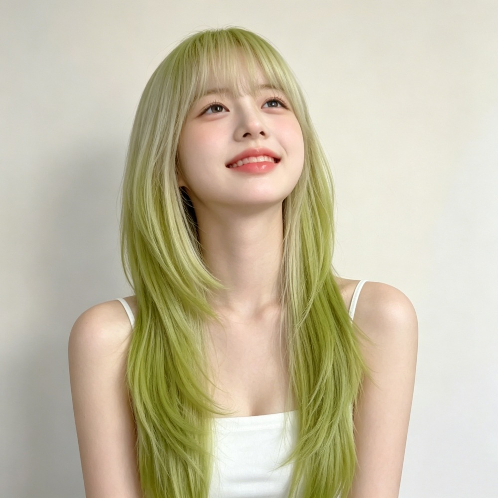 Supplier-provided styling illustration showing lime green lengths and pale blonde wispy bangs; not a verified actual wearer photo