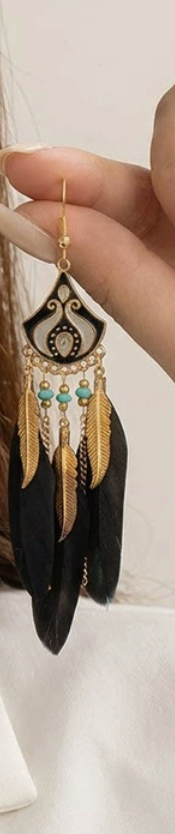 Bohemian Feather Earrings – Gold-Tone Enamel Chandelier Drop Earrings