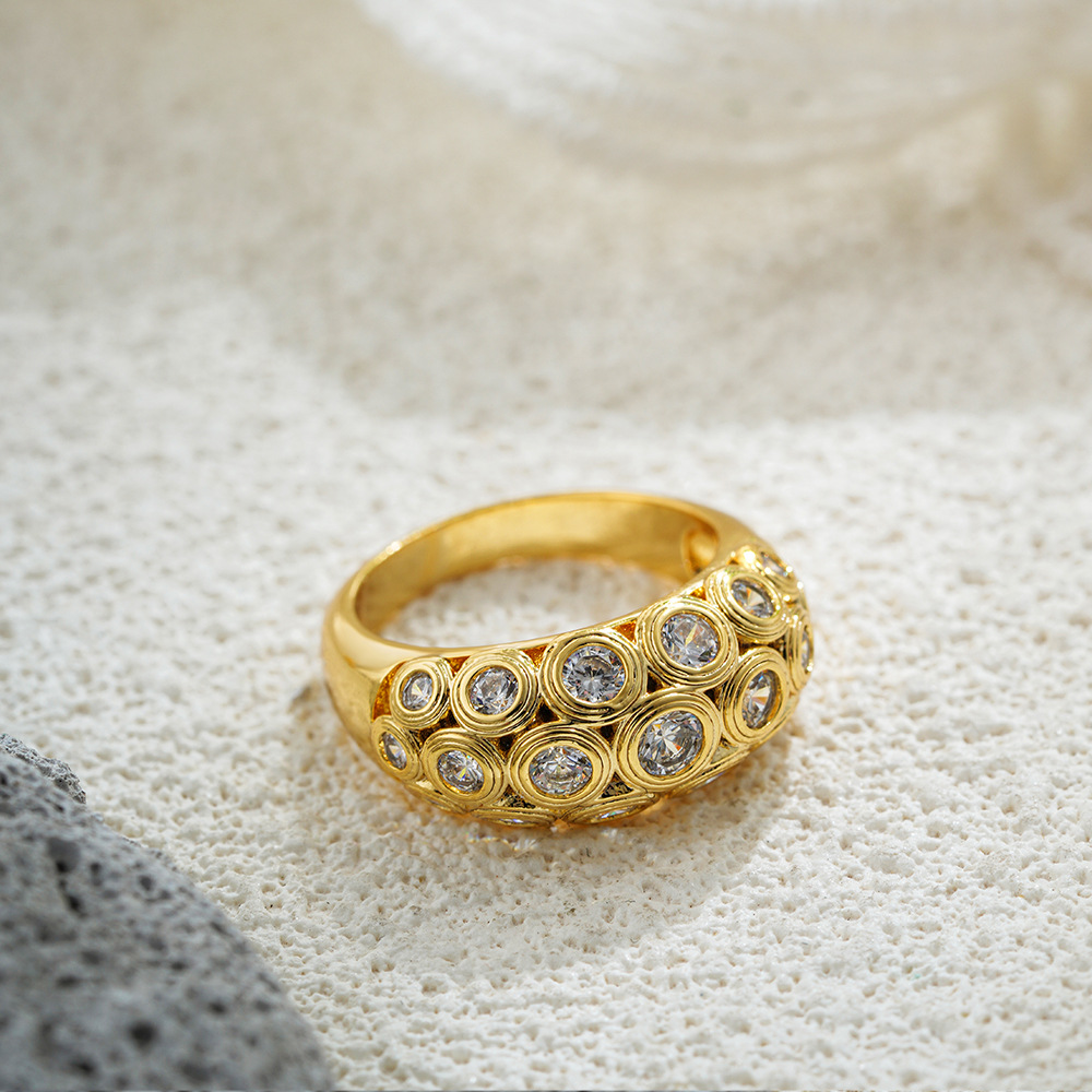 Vintage Gold Zircon Dome Ring – Honeycomb Bezel Statement Ring