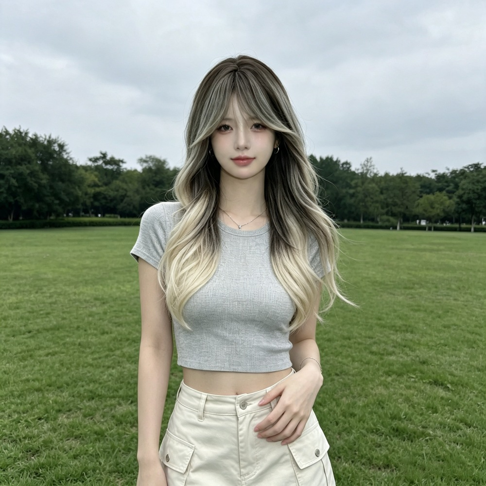 Supplier-provided front styling illustration of long ash brown to blonde waves and curtain bangs; not a verified wearer photograph