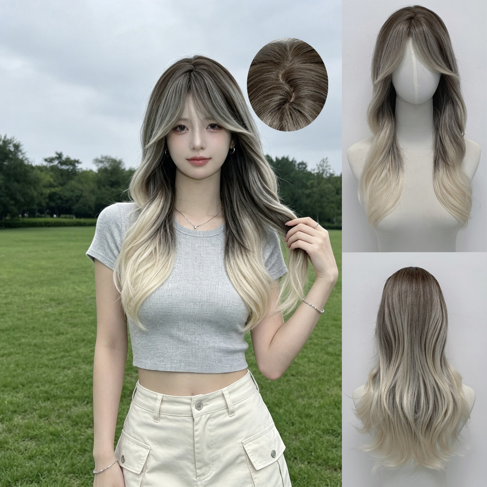 Ash brown to blonde ombre wavy wig with curtain bangs, with supplier styling illustration, crown detail and front and back headstand product views