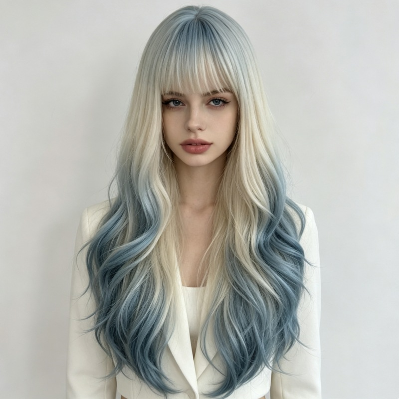 Supplier-provided front styling illustration of platinum blonde and blue waves with wispy bangs; not a verified wearer photograph