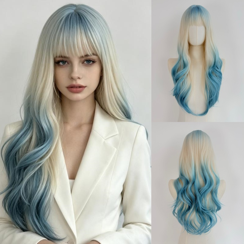 Platinum blonde and blue wavy wig with bangs, with supplier styling illustration beside front and back headstand product views