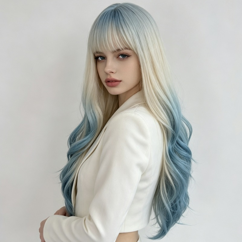 Supplier-provided side styling illustration of a long platinum blonde and blue wavy wig; not a verified wearer photograph