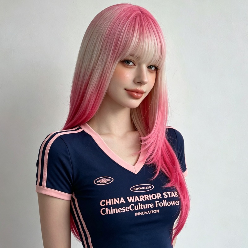 AI-generated styling illustration of the MG1015-5 pink and blonde layered wig with bangs, front-side view; not an actual wearer photograph