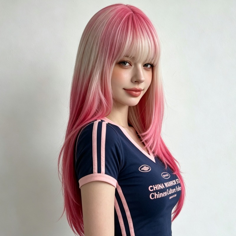 AI-generated side styling illustration of the MG1015-5 pink and blonde layered synthetic wig with bangs; actual appearance may vary