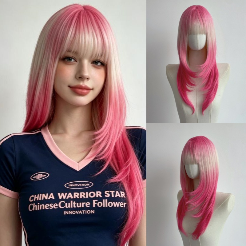 MG1015-5 pink and blonde layered synthetic wig with bangs: AI-generated styling illustration at left and supplier wig-stand product views at right