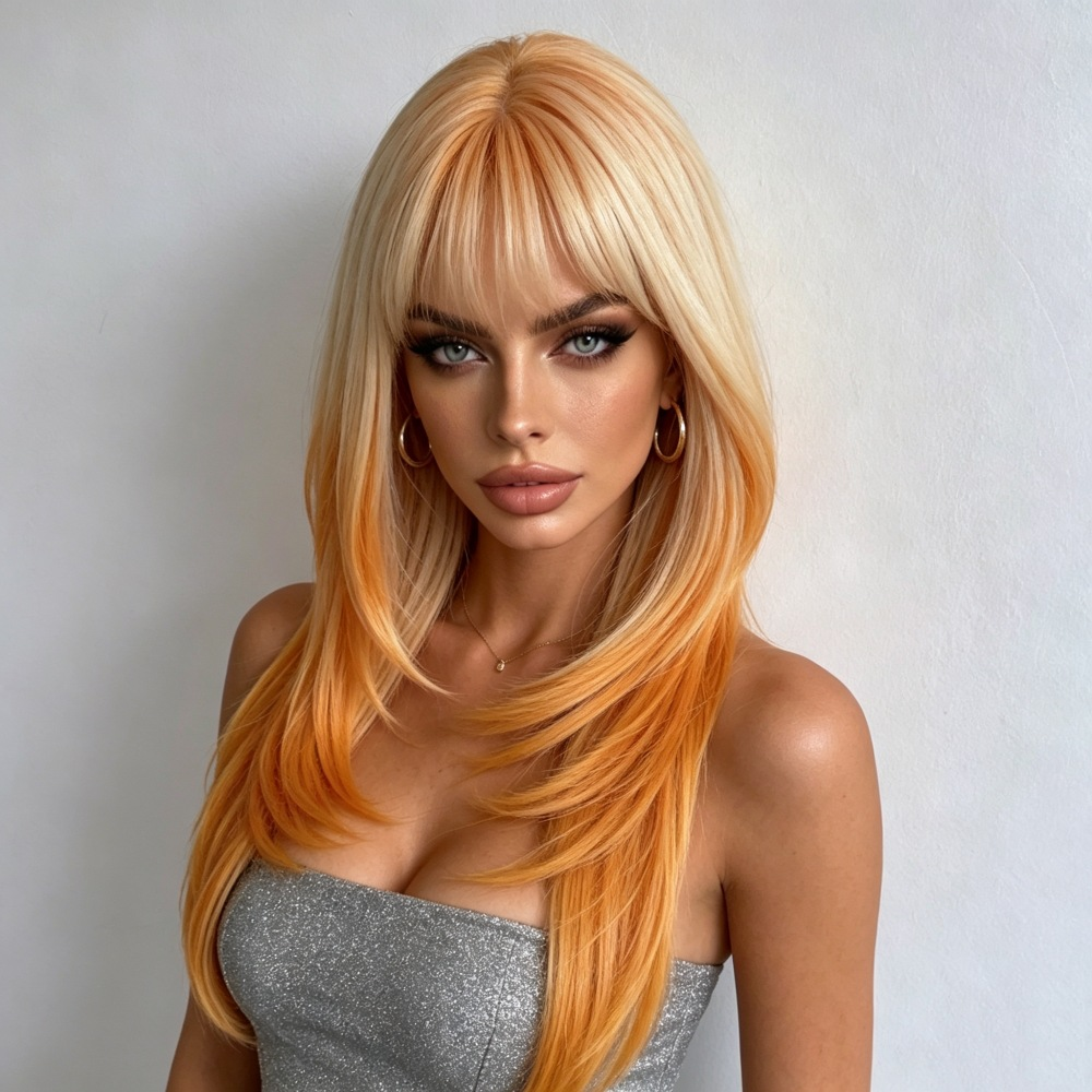 Supplier-provided front styling illustration of a blonde and orange layered wig with wispy bangs; not a verified actual wearer photo