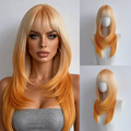 Blonde and orange layered synthetic wig with bangs: two headstand product views beside a supplier styling illustration