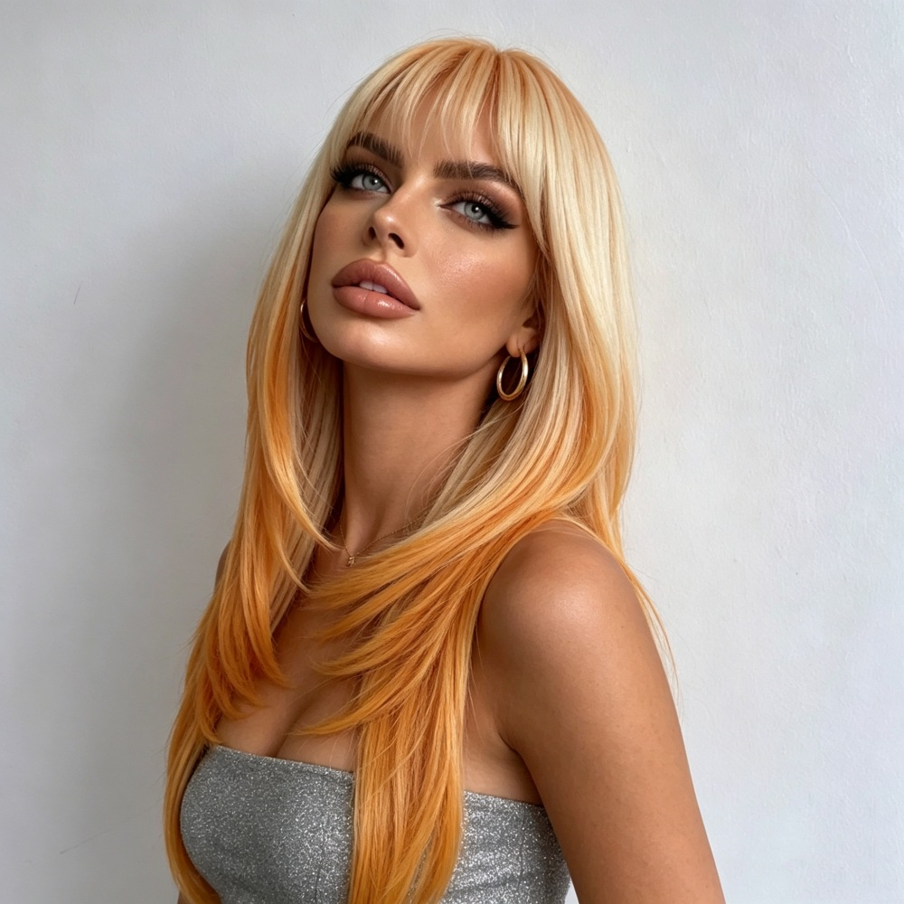 Supplier-provided side styling illustration of a blonde and orange layered wig; not a verified actual wearer photo