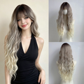 MG1017 ash blonde ombre wavy synthetic wig with bangs: supplier styling reference beside front and back views on a wig stand