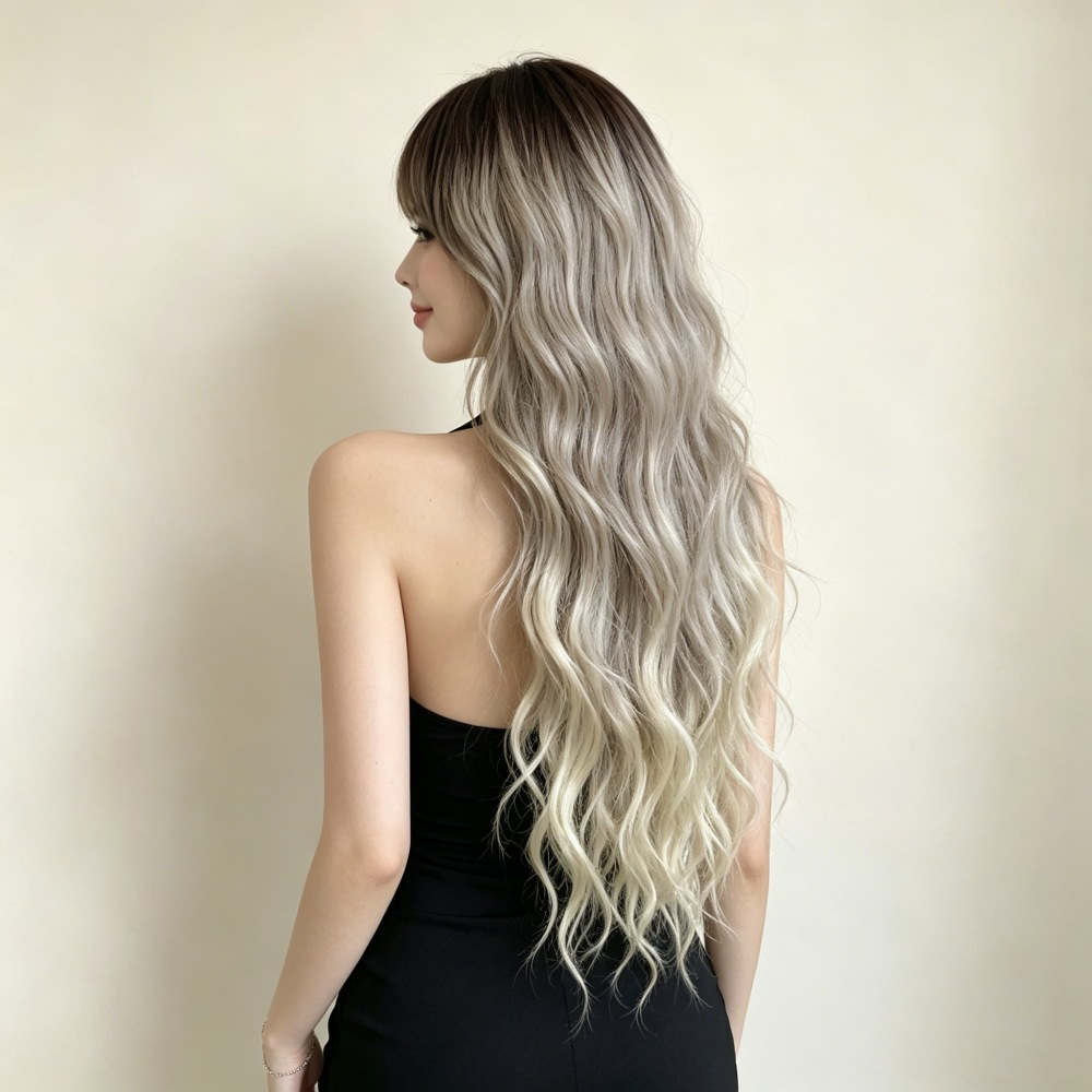 Back styling reference for the MG1017 synthetic wig showing long waves and a dark-root to pale ash blonde gradient