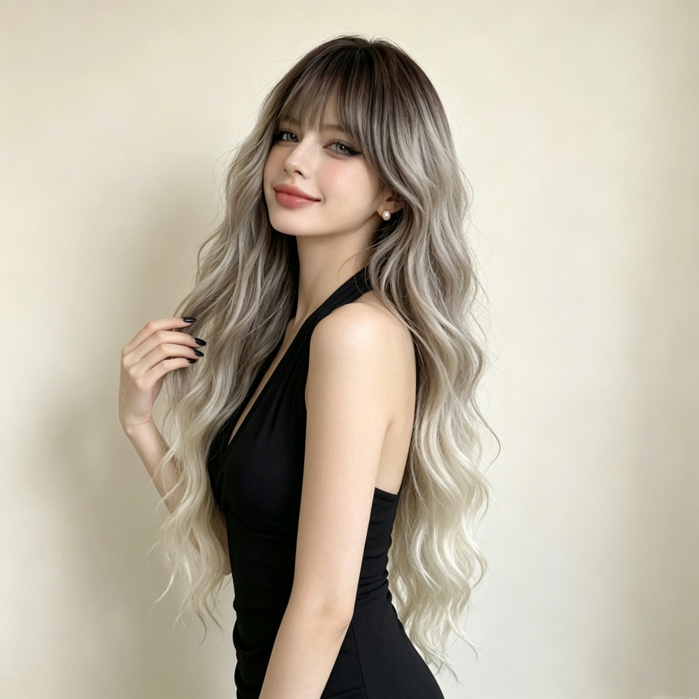 Supplier styling reference for the MG1017 dark-root ash blonde ombre wig with wispy bangs, front-side view