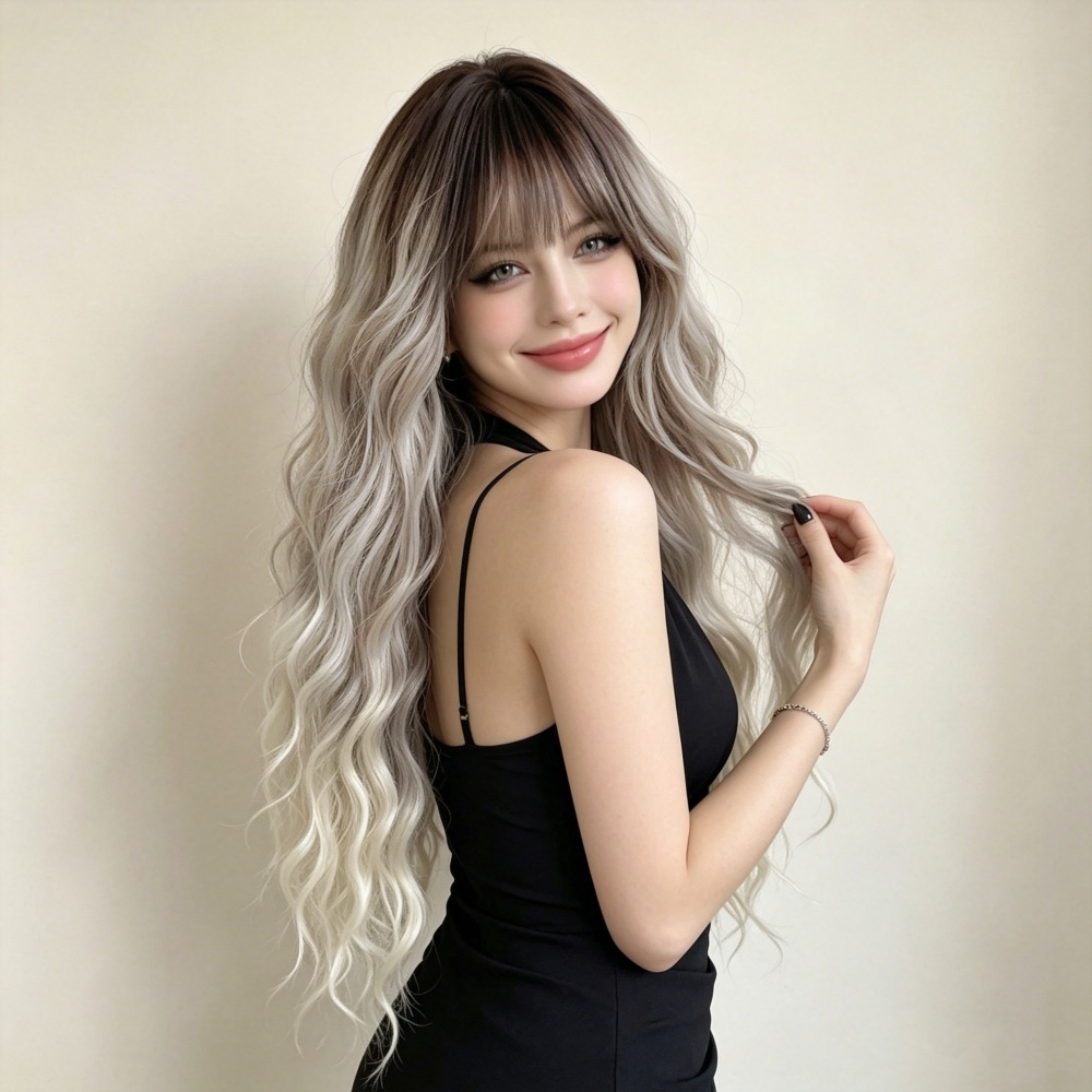 Supplier side styling reference of the MG1017 long wavy ombre synthetic wig with bangs