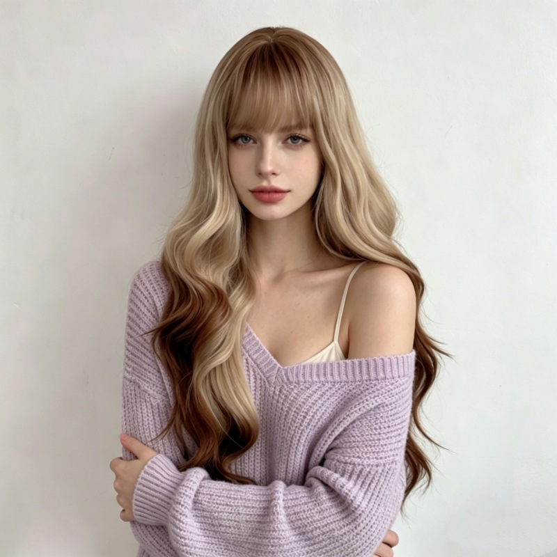 Supplier-provided front styling illustration of an ash blonde and chestnut brown long wavy wig with bangs; not a verified wearer photograph