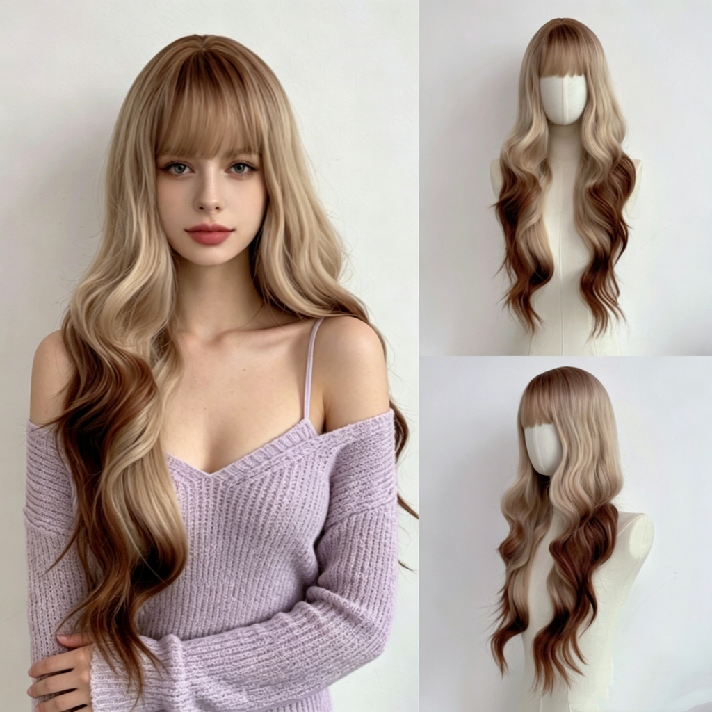 Ash blonde and chestnut brown long wavy wig with bangs, with supplier styling illustration beside front and side headstand product views