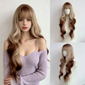 Ash blonde and chestnut brown long wavy wig with bangs, with supplier styling illustration beside front and side headstand product views