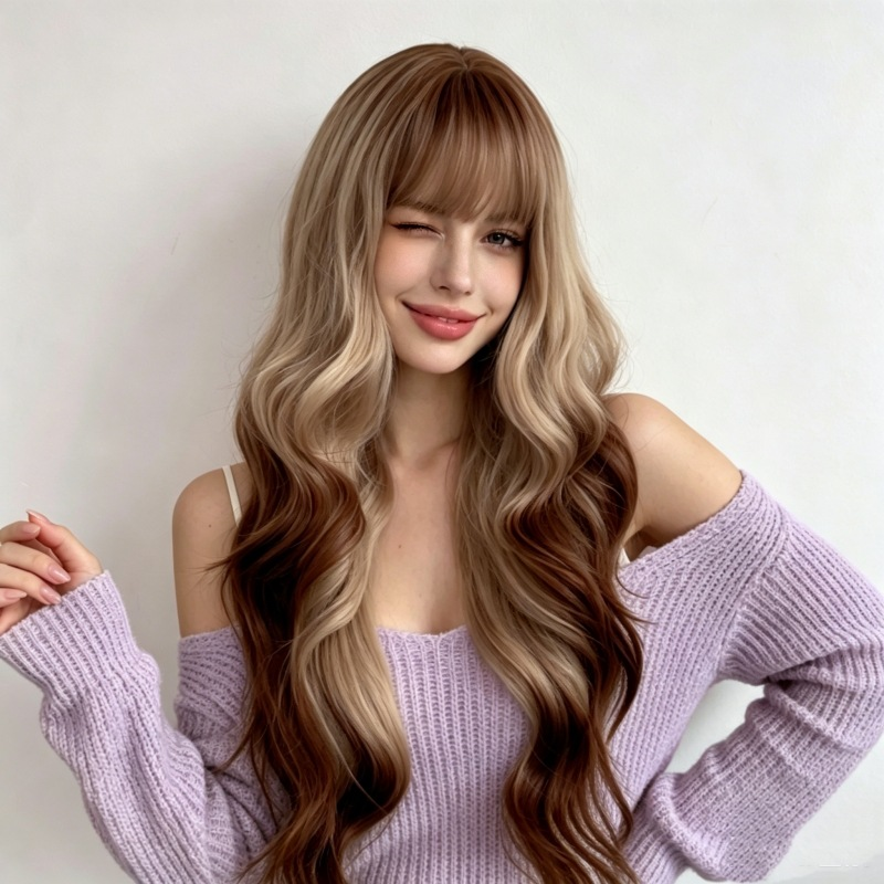 Supplier-provided styling illustration showing light blonde face-framing waves and chestnut brown lower sections; not a verified wearer photograph