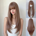 MG3004 champagne brown layered synthetic wig with bangs: supplier styling illustration at left and front and back wig-stand product views at right