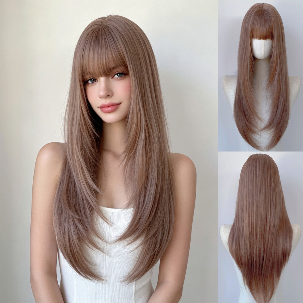 MG3004 champagne brown layered synthetic wig with bangs: supplier styling illustration at left and front and back wig-stand product views at right