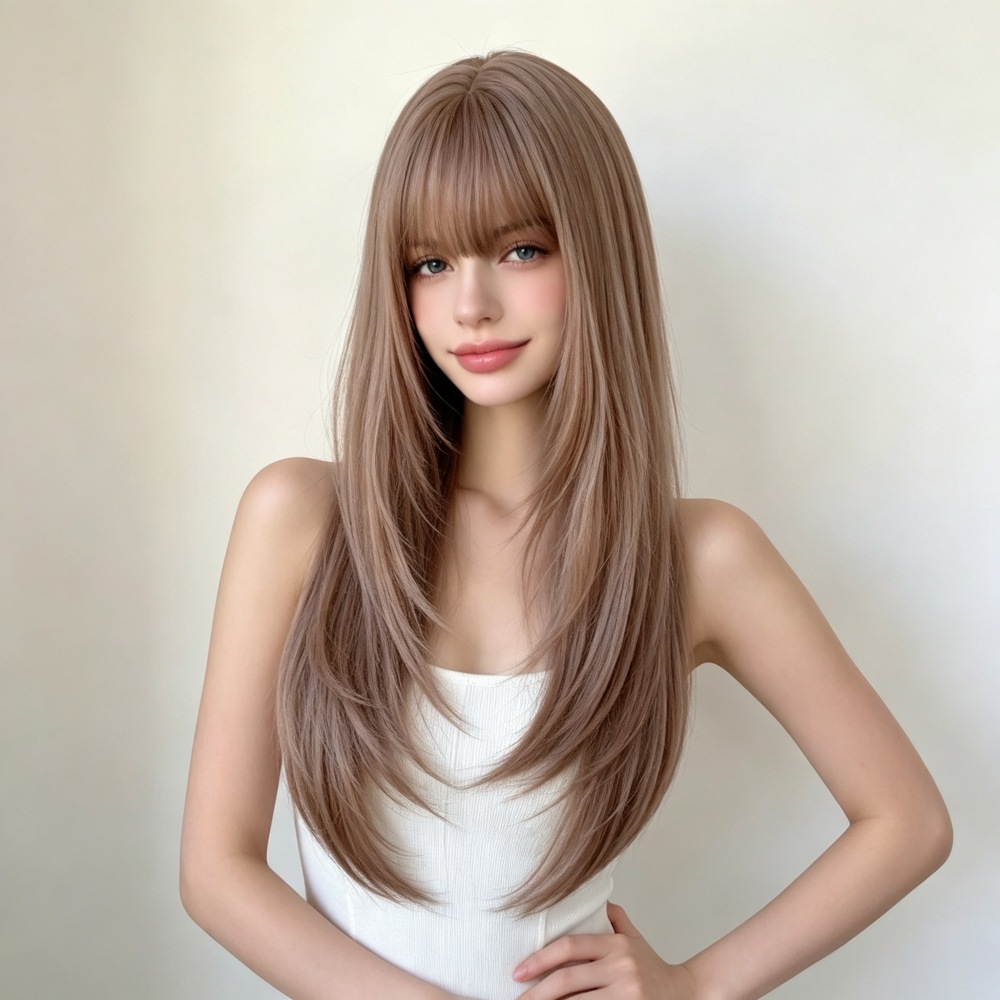 Supplier-provided styling illustration of the MG3004 champagne brown layered wig with bangs, front view; not a verified wearer photograph