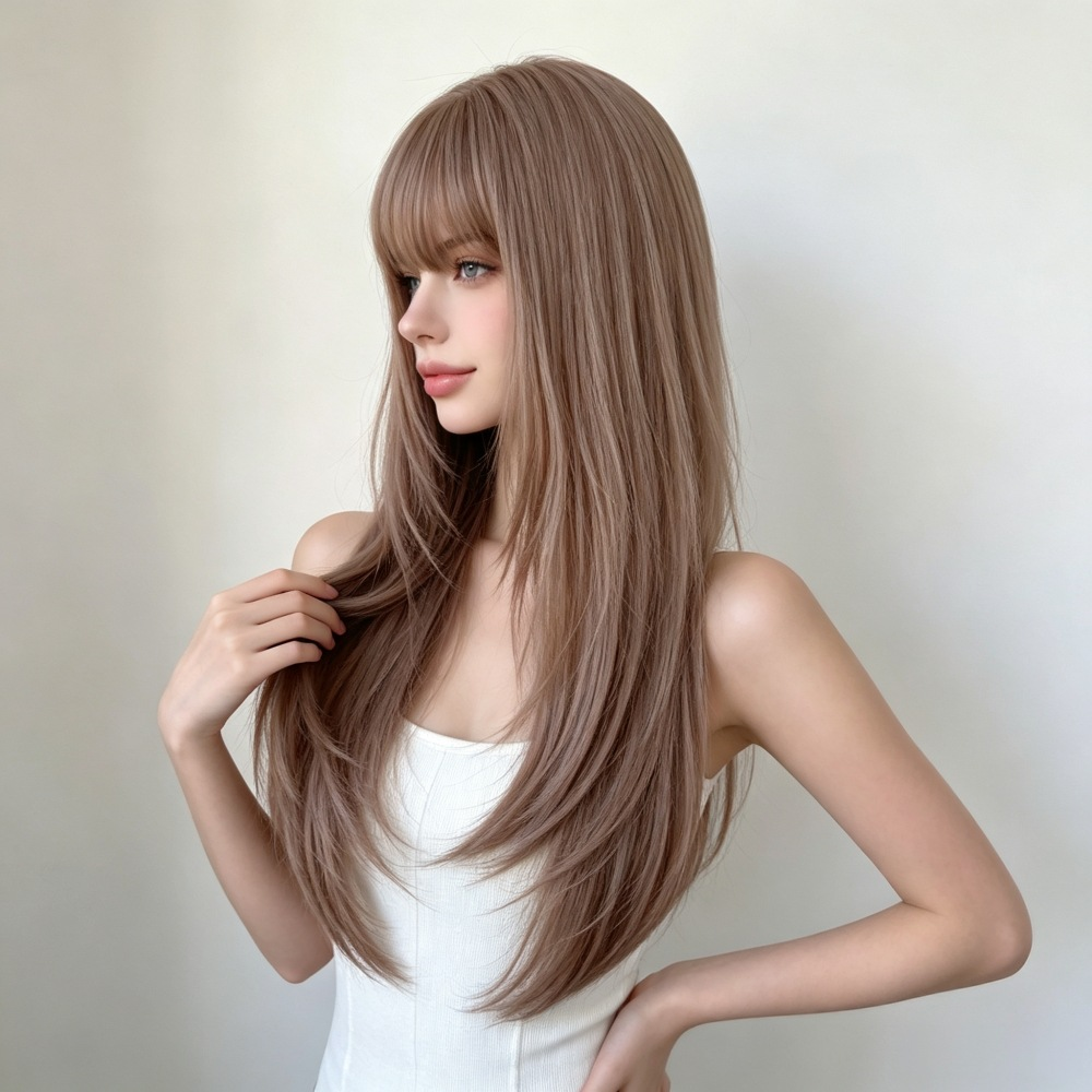 Supplier-provided side styling illustration of the MG3004 champagne brown layered synthetic wig with bangs; actual appearance may vary