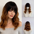 Black to caramel brown wavy wig with bangs, with supplier styling illustration beside front and back headstand product views